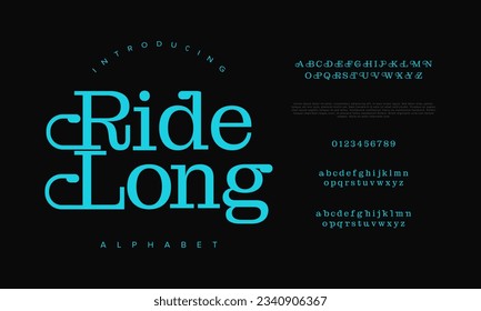 Ridelong creative vintage alphabet font. Digital abstract moslem, futuristic, fashion, sport, minimal technology typography. Simple numeric vector illustration