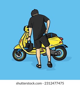 Rider bring his helmet before riding matic motorcycle isolated on blue background vector modern illustrations