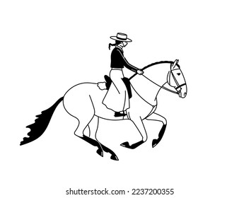 Rider cantering on a horse of the Lusitano breed, working equitation, black and white vector illustration