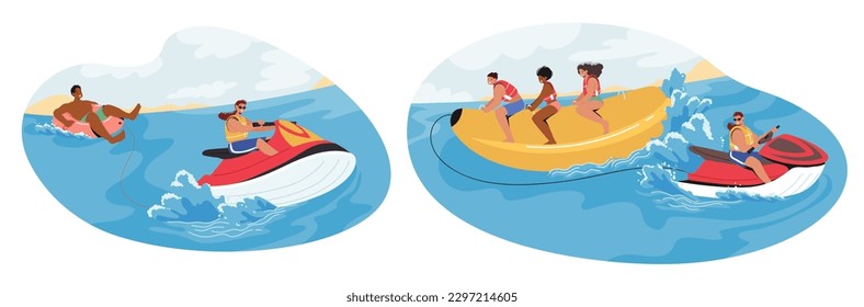 Rider Characters On Banana Boat And Water Tube Experience High-speed Thrills While Being Pulled Behind A Jet Ski, Bouncing And Gliding Across The Water Cartoon People Vector Illustration