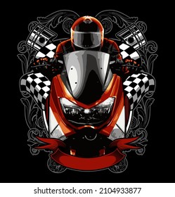rider with checkered flag and ornaments, t-shirt design, biker, motorcycle club, patch, naked bike, cool helmet, arai, shovelhead engine, panhead, knucklehead, nmax, aerox, supermoto, vector templates