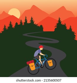 Rider cycling touring bike with bikepacking bags and tent on view of mountain. Vector and illustration design.