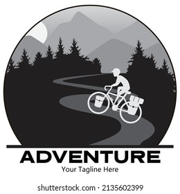 Rider cycling touring bike with bikepacking bags and tent on view of mountain. Vector and illustration emblem design.