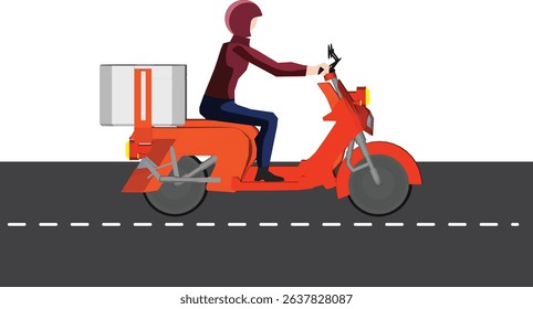 Rider delivers goods according to online orders. Freight forwarding business. Side view of rider.