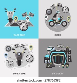 Rider design concept set with super bike race time flat icons isolated vector illustration