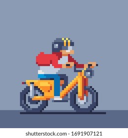 Rider E-bike rider Man rides a moped, motorcyclist male character pixel art style, man character riding motorcycle. Design for logo, sticker, app. Isolated vector illustration.