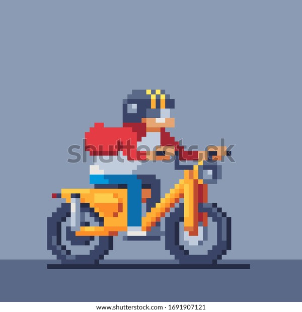 Rider E-bike\
rider Man rides a moped, motorcyclist male character pixel art\
style, man character riding motorcycle. Design for logo, sticker,\
app. Isolated vector\
illustration.