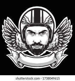 rider face with helmet and wings vector design