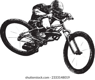 Salto de la mosca del ciclista haciendo truco Azotar bicicleta de montaña suciedad salto slopestyle abajo ilustración de pintura digital vector dibujado a mano negra y blanca estilo de eclosión garabato arte