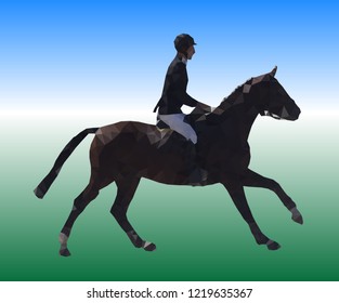 The rider is galloping on a dark bay horse. Low poly vector illustration. Equestrian theme. Image consisting of triangles of different sizes.