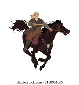 Rider galloping on a horse drawn silhouette isolated on white background. Postcard clipart. Vector illustration