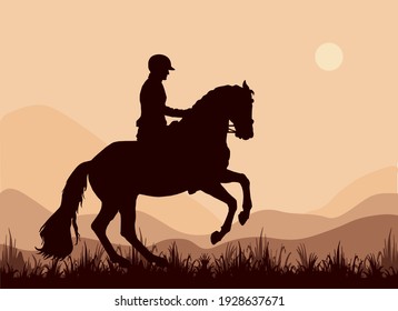 a rider gallops in a field, a dark silhouette against the sky, an isolated image on a colored background