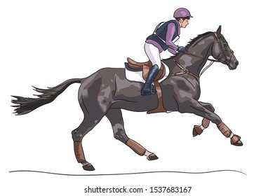 Rider gallops on a horse on a cross country course