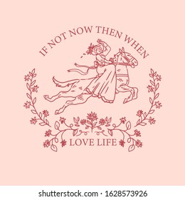 Rider girl in dress with slogan. Typography graphic print, fashion drawing for t shirt