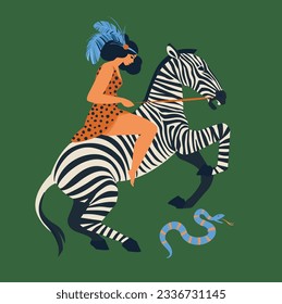 The rider has peacock feathers in her hair. Woman riding a zebra spooked by a cobra snake. Vector illustration flat design.