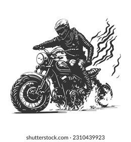The rider, with his cool riding helmet and jacket, rides his motorcycle leisurely while letting go of the left-hand steering wheel. Biker vector sign