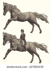 The rider and the horse. Design set. Hand drawn engraving. Vector vintage illustration. Isolated on white background. 8 EPS