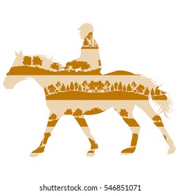 Rider and horse equestrian sport vector background concept made of forest trees fragments isolated on white