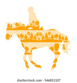 Rider and horse equestrian sport vector background concept made of forest trees fragments isolated on white