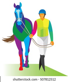Rider with a horse goes to the start of the competition