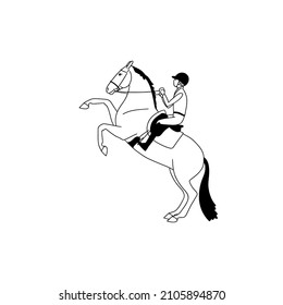 Rider and the horse perform a trick, the horse stands on its hind legs,black and white line art