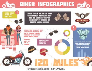 Rider infographics with cartoon biker characters and motorcycle elements with circle graphs and editable text vector illustration