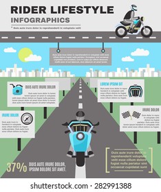 Rider infographics set with biker on motorcycle on the road isolated vector illustration