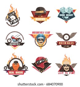 Rider labels set of nine flat isolated motorcycle club emblems with skull flame wings and wheels vector illustration