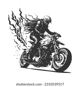 A rider with long hair and a full-face helmet rides away on his motorcycle. Minimal black and white design concept for t-shirts and tattoos