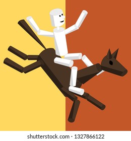 Rider man on a horse back. Abstract cartoon style robot character with primitive simple geometric shapes of cylinders and cones. Bionic artificial concept of cyborg science