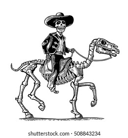 The rider in the Mexican man national costumes galloping on skeleton horse. Day of the Dead, Dia de los Muertos. Vector hand drawn vintage engraving for poster, label. Isolated on white background