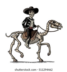 Rider in the Mexican man national costumes galloping on skeleton horse. Day of the Dead, Dia de los Muertos. Vector hand drawn color vintage engraving for poster, label. Isolated on white background