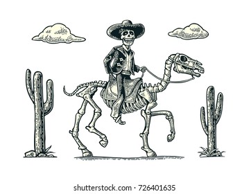 The rider in the Mexican man national costumes galloping on skeleton horse. Day of the Dead, Dia de los Muertos. Vector hand drawn vintage engraving for poster, label. Isolated on white background