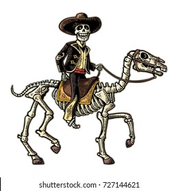 The rider in the Mexican man national costumes galloping skeleton horse  Day the Dead  Dia de los Muertos  Vector hand drawn color vintage engraving isolated white background for poster