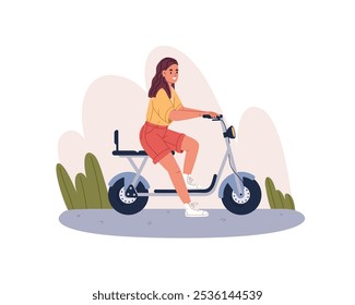 Piloto de paradas de scooter eléctrico moderno. Chica feliz conductor de ayuda de movilidad personal con asiento. Persona se sienta en el ciclomotor ecológico urbano, vista lateral de la bicicleta. Ilustración vectorial aislada plana sobre fondo blanco