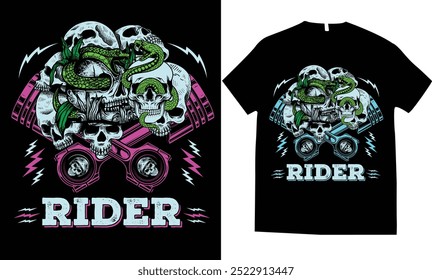 Rider motor cycle rider motorcycle snake skull skeleton rebel T-shirt design