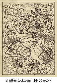Rider. Mystic concept for Lenormand oracle tarot card. Vector engraved illustration. Fantasy line art drawing and tattoo sketch. Gothic, occult and esoteric background