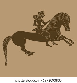 Rider on a horse. Ancient Greek animal design. Vase painting ethnic style. Monochrome silhouette.