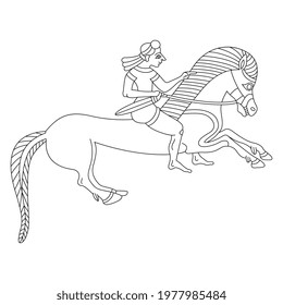 
Rider on a horse. Ancient Greek animal design. Vase painting ethnic style. Black and white linear silhouette.