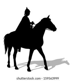Rider on a horse in clothing warrior with a sword and wearing a helmet.  vector silhouette