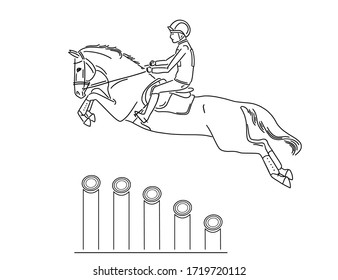 Rider on horse at equestrian event jumps over an wood wide obstacle