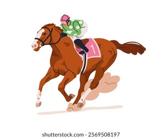 Rider on horse, galloping, racing on racecourse. Jockey riding racehorse, horseback. Equestrian during horseracing,betting game, equine sport. Flat vector illustration isolated on white background