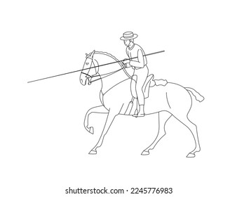 Rider on a horse, holding a spear in his hands, working equitation