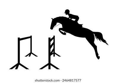 A rider on a horse jumps over an obstacle, vector silhouette
