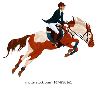 Rider on horseback overcomes a fence on show jumping course. 