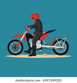 Rider on motorcycle for mountain hill. Rocket Dirt Bike Race. Vector. Sport motorbike for extreme jump and race.