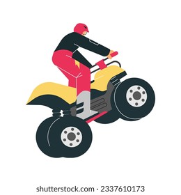 Rider on quad bike or ATV doing trick, flat cartoon vector illustration isolated on white background. Quad bike racer for speed racing and tourism designs.