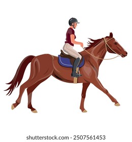 Un jinete en un caballo trotando. Hípica o a caballo. Ilustración vectorial aislada en un fondo blanco en un estilo realista