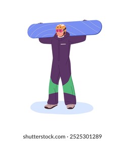 Rider in outerwear, helmet, goggles holds snowboard on shoulder. Athlete in sportswear with snow board in hands. Extreme winter sport in mountain. Flat isolated vector illustration on white background