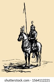 rider with a pike in the field, vectorized graphics, isolated monochrome pen drawing on a colored background  